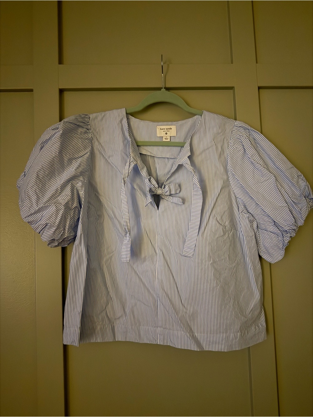 kate spade Blue and White Stripe Tie-Front Puff Sleeve Blouse
